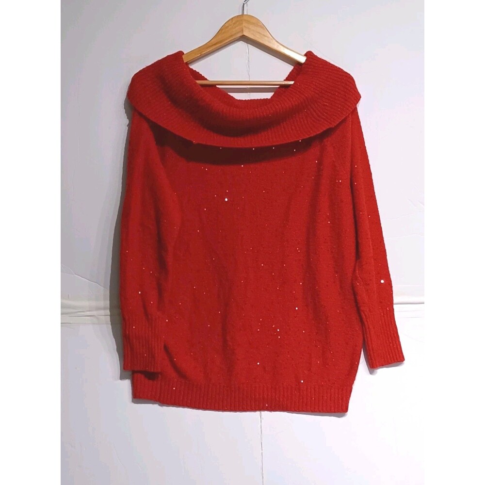 Chico's Red Sequin Shine Off The Shoulder  Long Sleeve Women's Sweater Size...